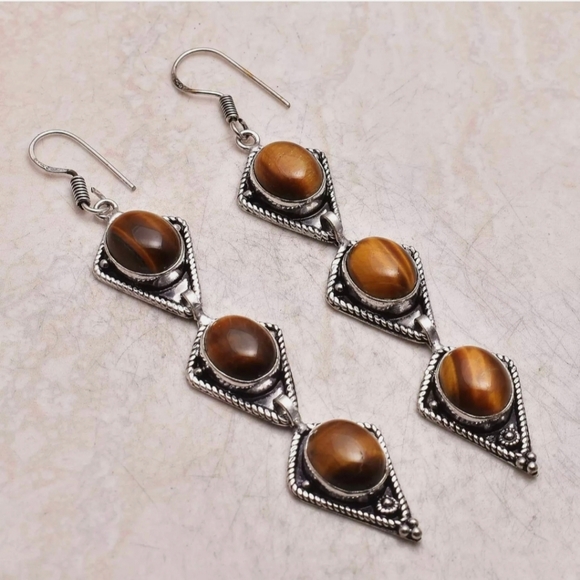 New Amazing Tiger Eye 925 Silver Dangle Earrings. - Picture 1 of 5